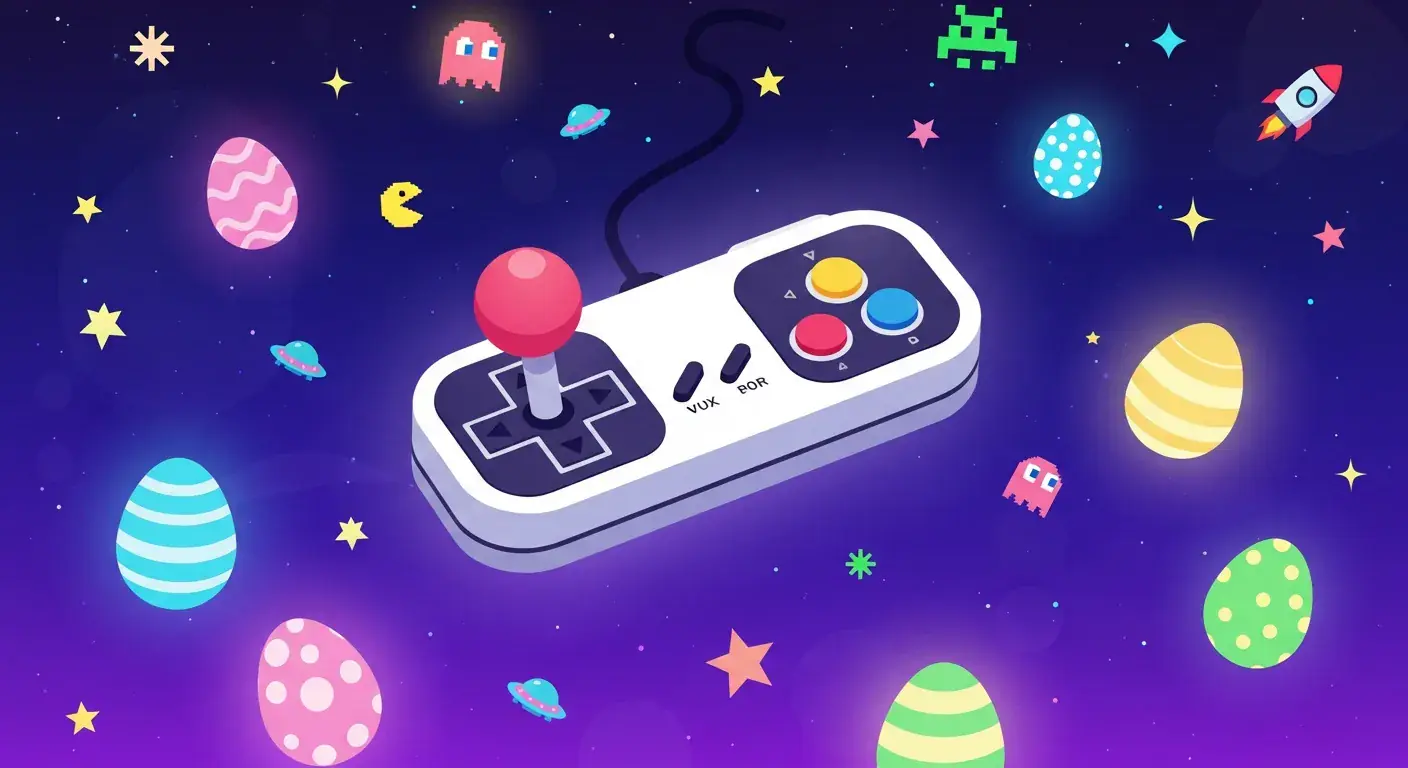 Colorful illustration of Google Easter eggs including barrel roll, Pac-Man, and retro gaming elements