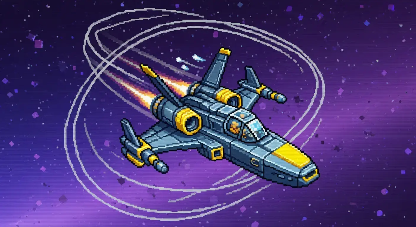 Retro pixel-art style space fighter performing a barrel roll maneuver in a purple starfield